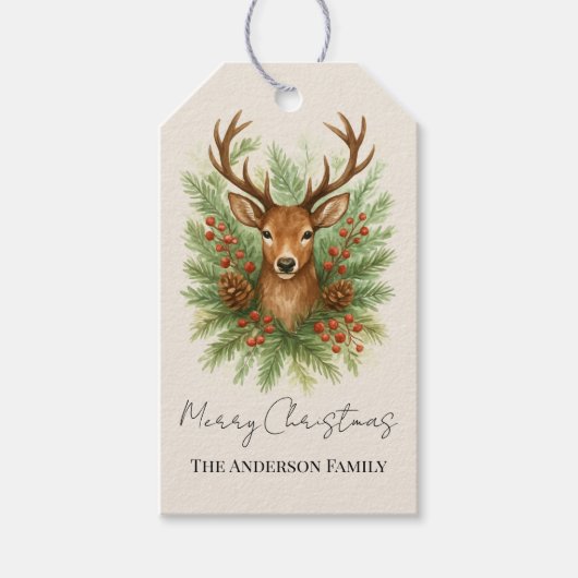 Ländlicher Waldhirschkopf mit Winterlaub - Geschenkanhänger (Vorderseite)