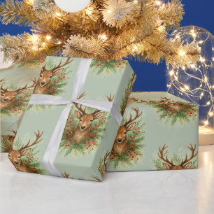 Ländlicher Waldhirschkopf mit Winterlaub - Geschenkpapier