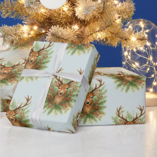 Ländlicher Waldhirschkopf mit Winterlaub - Geschenkpapier