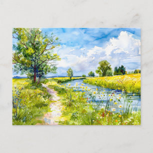 Ländlicher Weg zum Fluss Havelland Aquarell Postkarte