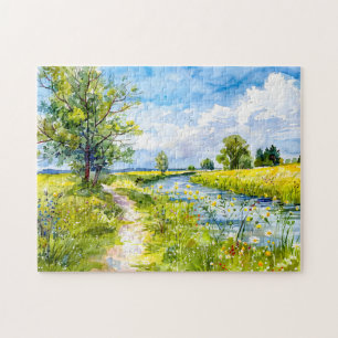 Ländlicher Weg zum Fluss Havelland Aquarell Puzzle