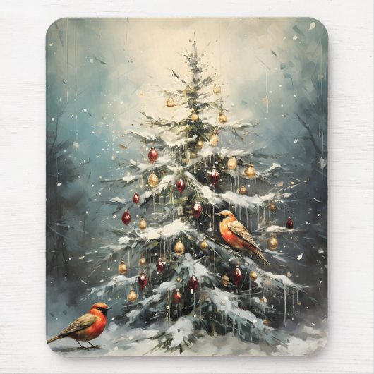 Ländlicher Weihnachtsbaum Schnee Rot Vögel Mousepad (Vorne)