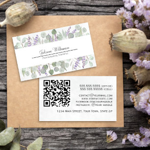 Ländliches Aquarell Eukalyptus und Lavendel QR Cod Visitenkarte