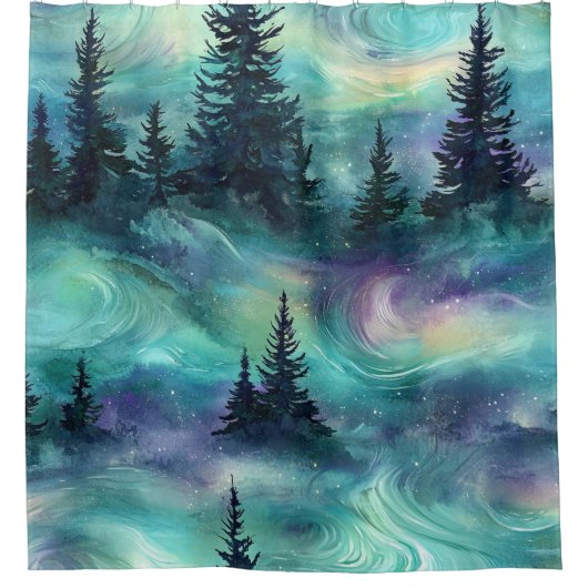 Ländliches Aurora-Waldmuster Duschvorhang (Vorderseite)