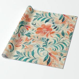 Ländliches Blau-Blatt- und Rot-Orange-Blumenmuster Geschenkpapier