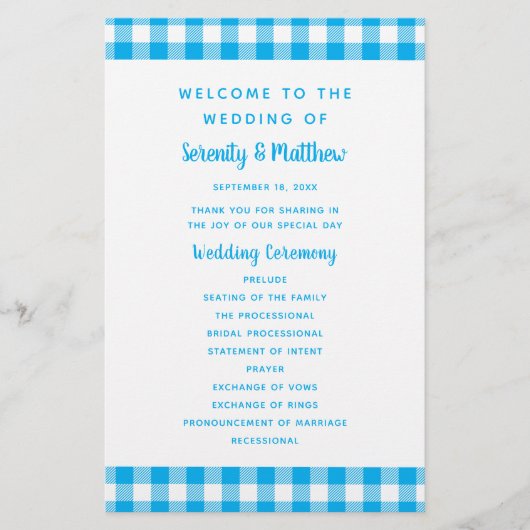 Ländliches blaues Gingham-Karo-Hochzeitsprogramm (Vorderseite)