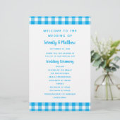 Ländliches blaues Gingham-Karo-Hochzeitsprogramm (Stehend Vorderseite)