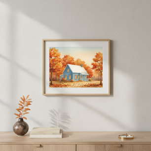 Ländliches blaues Haus im Herbstwald Aquarell Poster