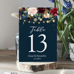 Ländliches Burgundrot Navy Blau & Rote Blumen & Li Tischnummer