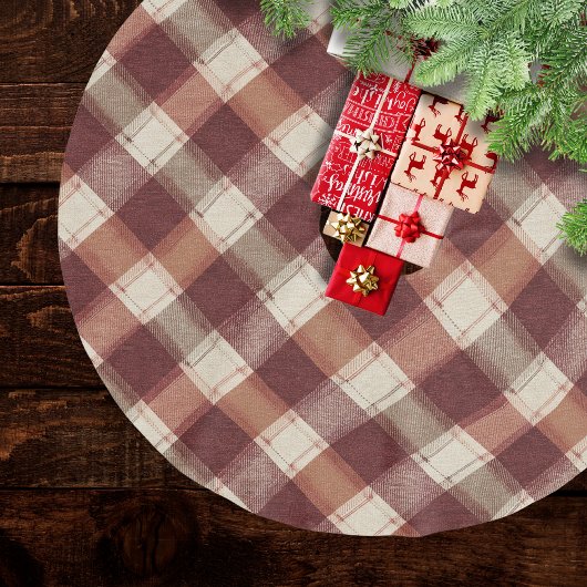 Ländliches Creme-Orange-Rostrot-Karomuster Polyester Weihnachtsbaumdecke