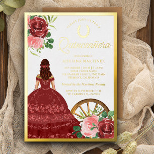 Ländliches Florales rotes Kleid Charro Quinceanera Folieneinladung