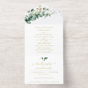 Ländliches Grün Eukalyptus Kalligrafie Hochzeit All-in-One-Einladung