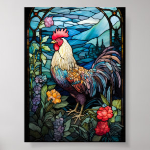 Ländliches Hahn-Buntglasfenster Landgarten Poster