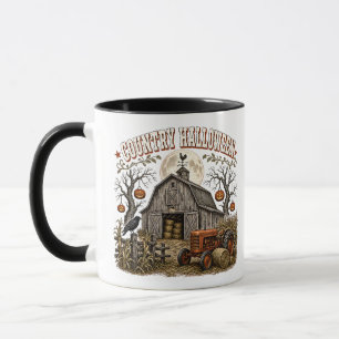 Ländliches Halloween-Kürbis-Bauernhof-Traktor Tasse