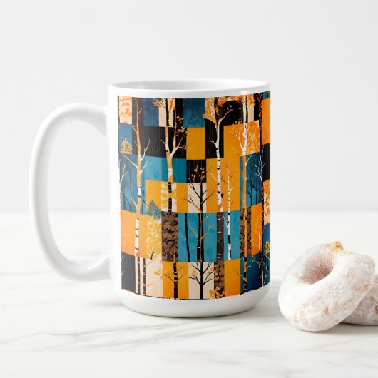 Ländliches Herbst-Wald-Baum-Patchwork-Quiltmuster Kaffeetasse (Mit Donut)