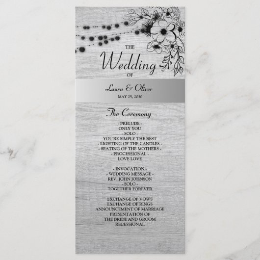Ländliches Holz Hochzeitsprogramm in Schwarz und W Programm (Vorderseite)