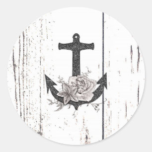 Ländliches Holz Küstenstrand Anker Vintage Floral Runder Aufkleber