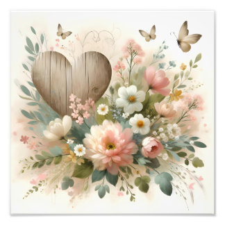 Ländliches hölzernes Herz Blumenaquarell Botanik Fotodruck