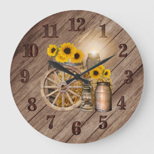 Ländliches Holzfass und Sonnenblumen Große Wanduhr