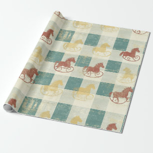 Ländliches Karo-Schaukelpferd-Baby-Muster Geschenkpapier