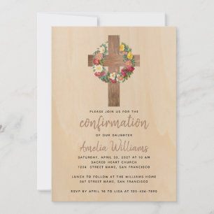 Ländliches Kommunionmädchen Rosenkranz Holzkreuz Einladung
