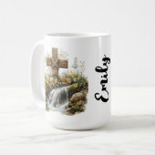 Ländliches Kreuz Wasserfall Osterdesign Kaffeetasse (Vorderseite Links)