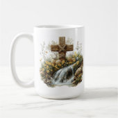 Ländliches Kreuz Wasserfall Osterdesign Kaffeetasse (Links)