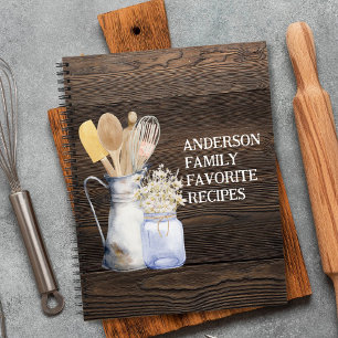 Ländliches Küchenutensil-Blumen-Braun-Holz-Rezept Notizblock