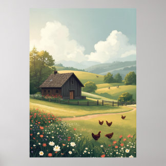 Ländliches Landhaus mit Wildblumen Poster