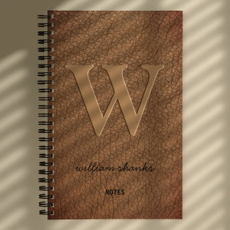 Ländliches Monogramm Gold-Schriftzug braunes Leder Notizblock