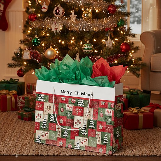 Ländliches Patchwork-Weihnachtsmuster Große Geschenktüte