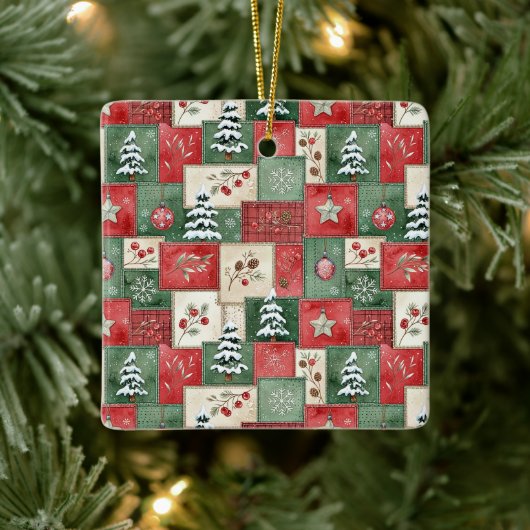 Ländliches Patchwork-Weihnachtsmuster Keramikornament (Baum)
