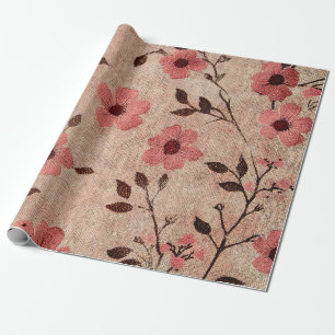 Ländliches Rosa Blumenleinwandmuster (4) Geschenkpapier