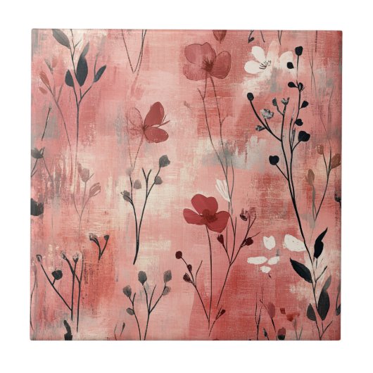 Ländliches Rosa Blumenleinwandmuster (9) Fliese (Vorderseite)