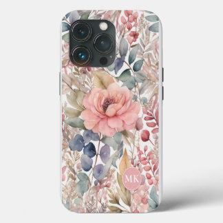 Ländliches Rosa Florales Wasserfarben-Monogramm iPhone 13 Pro Hülle