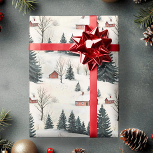 Ländliches Rot und Weiß Schnee Dorf Geschenkpapier