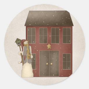 Ländliches Schneefigur- und Saltbox-Haus-Design Runder Aufkleber