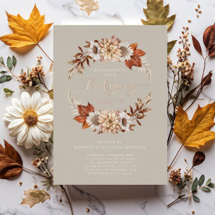 Ländliches Taupe Herbst-Blumen-Thanksgiving-Dinner Folieneinladung