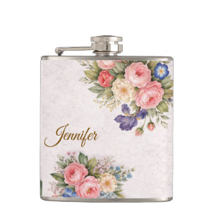 Ländliches, vintage-personalisiertes florales Rose Flachmann