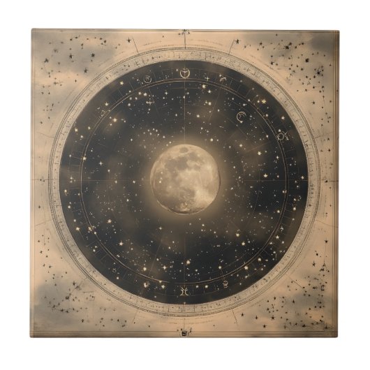 Ländliches Vintage-Vollmond-Himmelsdesign Fliese (Vorderseite)