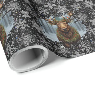 Ländliches Weihnachts-Elch-Winter-Wald-Schnee Geschenkpapier