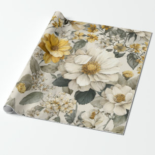 Ländliches Weiß Gelb Botanisches Vintage-Blumenmus Geschenkpapier