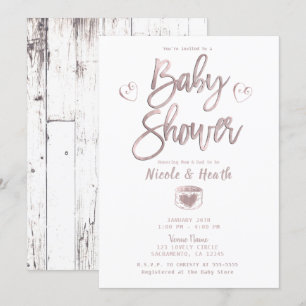 Ländliches Weiß Holz Roségold Rosa Babyparty Einladung