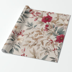 Ländliches Weiß-Rot-Botanisches-Pastell-Vintage-Bl Geschenkpapier