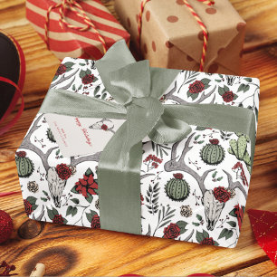 Ländliches Western-Weihnachts-Blumen-Rentier-Schäd Geschenkpapier
