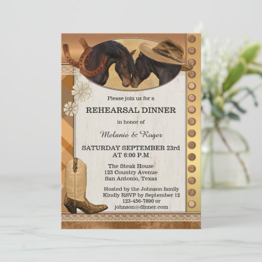 Landpferde Rustikale Probe Abendessen Einladung (Stehend Vorderseite)