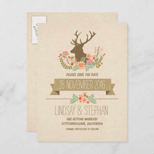 Landrustikale Hirschantler Save the Date Postkarte (Vorne/Hinten)