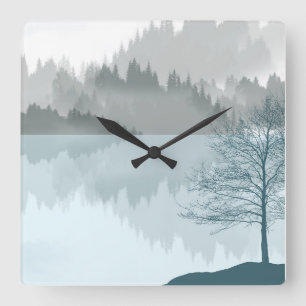 Landscape Reflection Lake Trees Green Quadratische Wanduhr