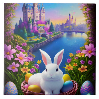 landscape with a rabbit and magical castles fliese