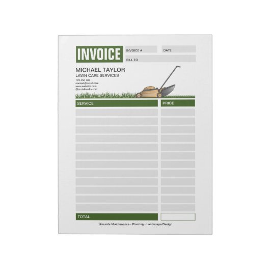 Landscaping Lawn Mowing Business Rechnung Notizblock (Rotiert)